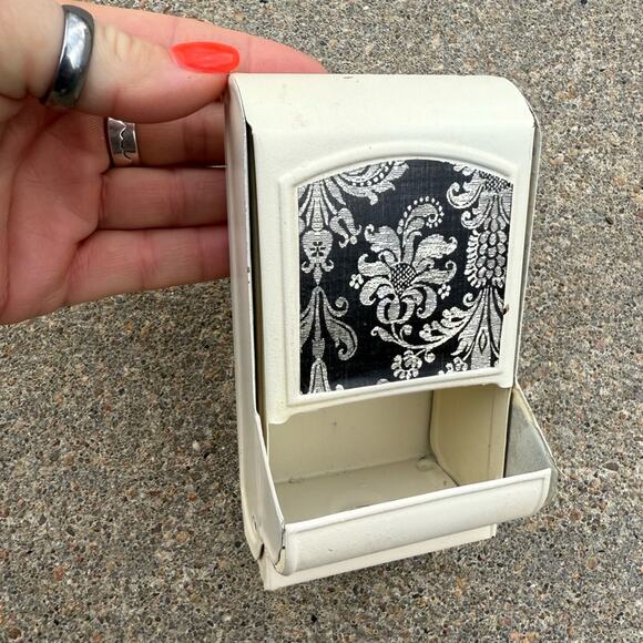 Vintage Tin Match Box Holder White and Black Wall-Mounted Holder - Picture 1 of 5
